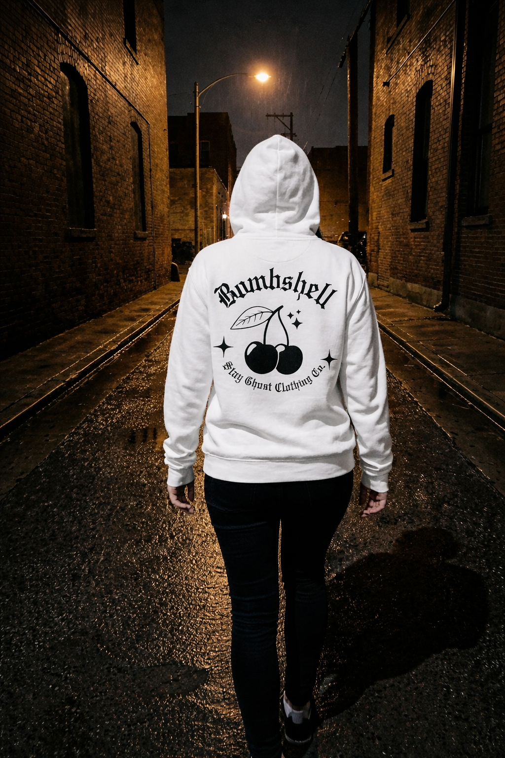 STAY GHOST WHITE BOMBSHELL GRAPHIC HOODIE — MINIMAL ALT STREETWEAR HOODIE